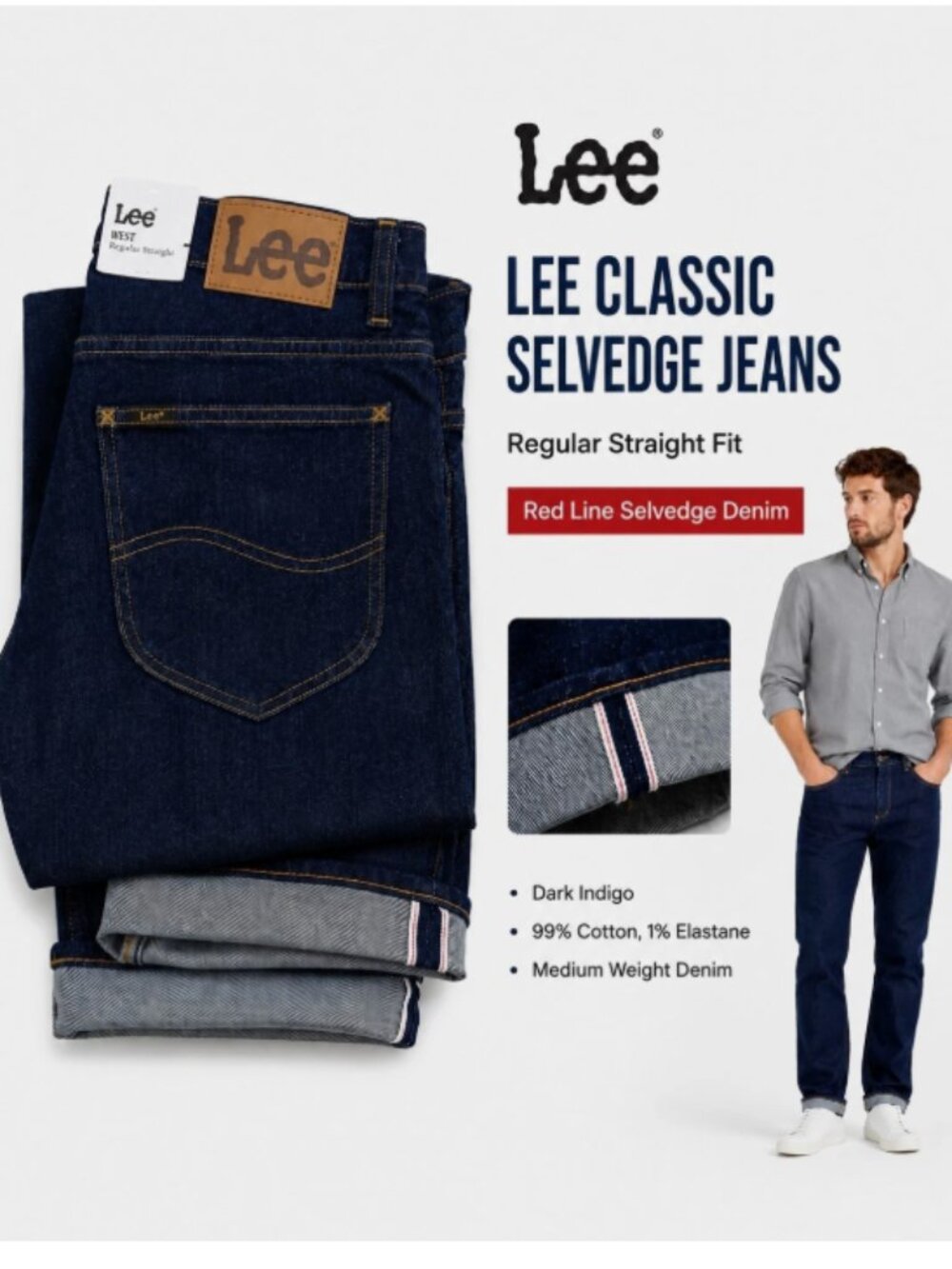 Lee Selvedge W31 L34 Men's Jeans Regular Straight Fit Premium Dark Indigo Denim